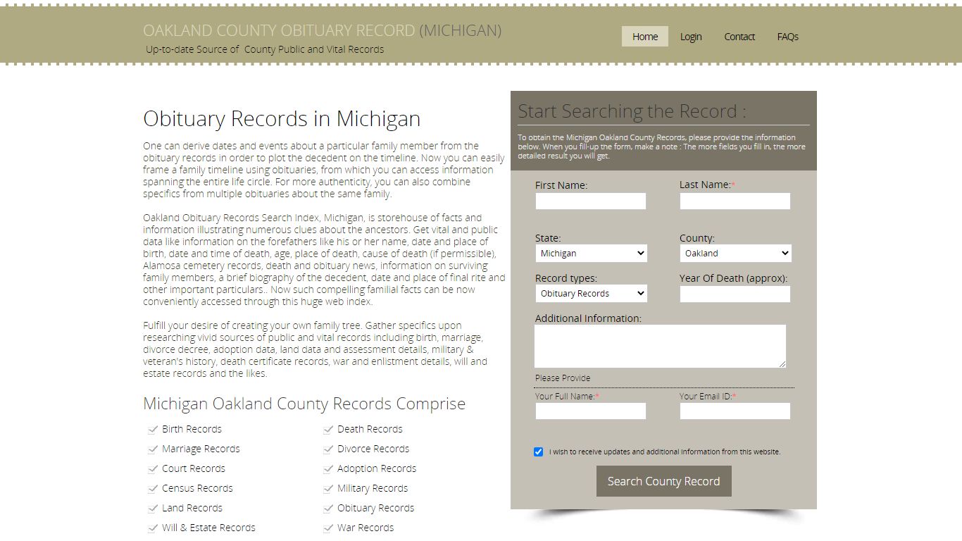 Oakland County, Michigan Obituary Death Notice Index